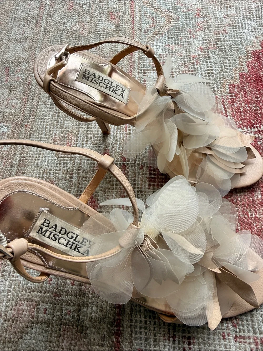Badgley Mischka Blush and Cream Floral Appliqué T-Strap Heels